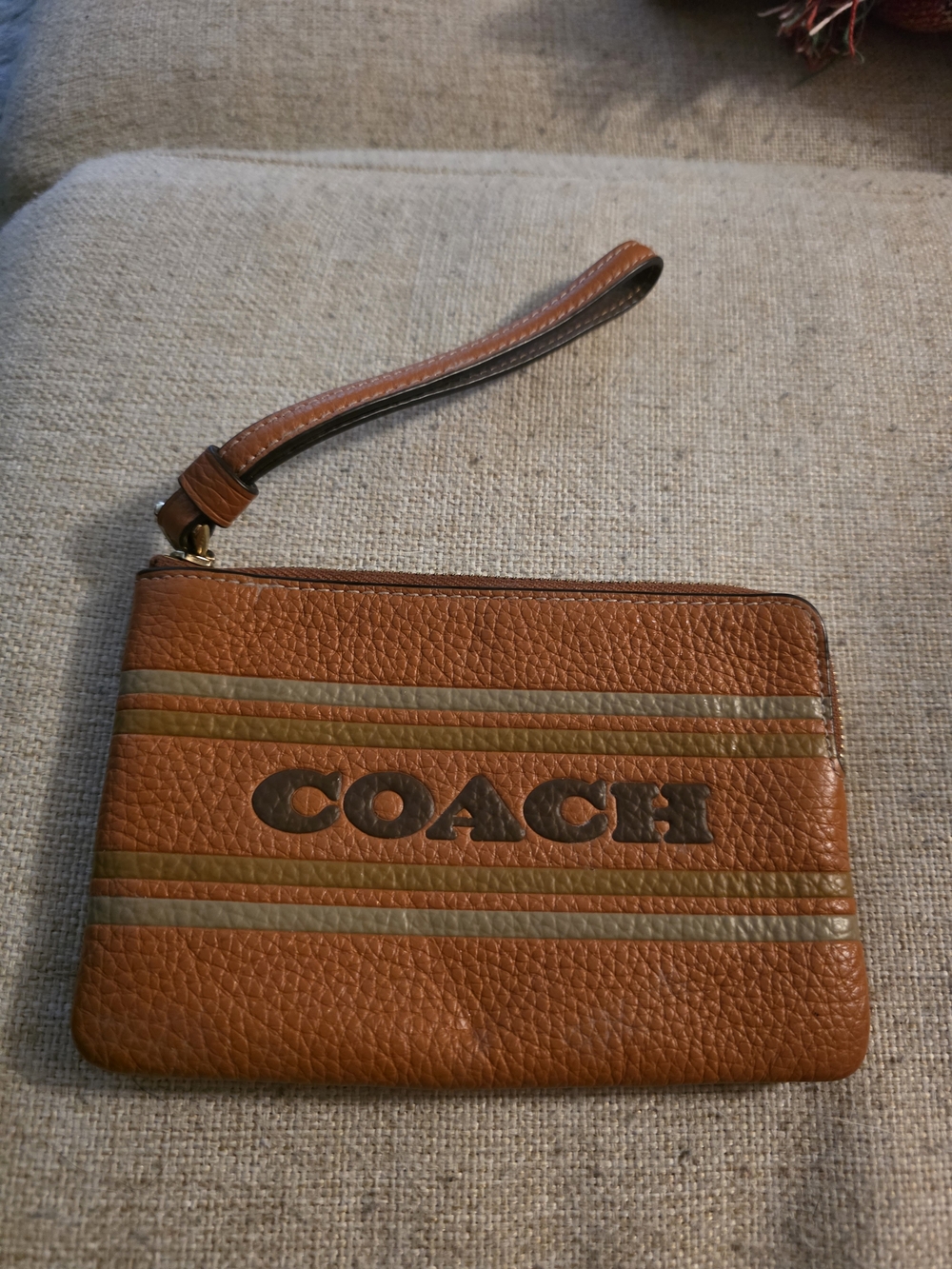 Coach Brown Leather Wristlet Pouch with Stripe Detail